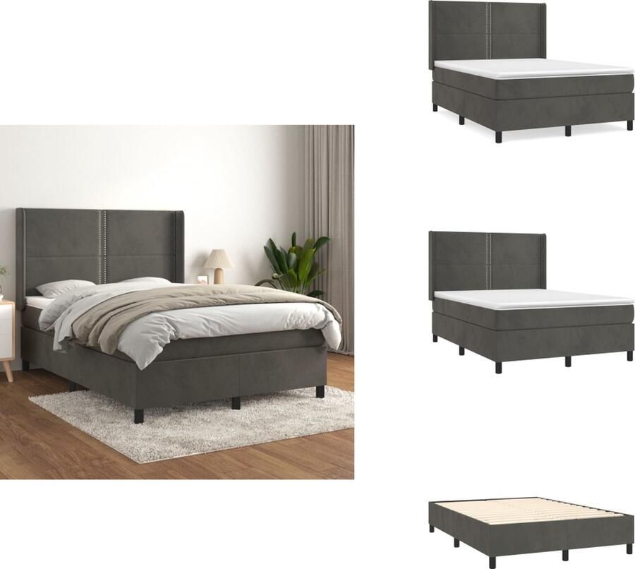 VidaXL Boxspringbed Zacht fluweel Praktisch hoofdbord Pocketvering matras Middelharde ondersteuning Huidvriendelijk topmatras Donkergrijs 193x147x118 128 cm 140x190x20 cm 140x190x5 cm Bed