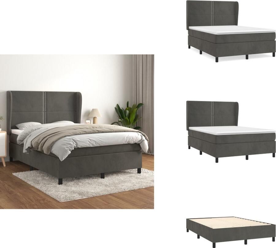 VidaXL Boxspringbed Zacht Fluweel Verstelbaar hoofdbord Pocketvering matras Middelharde ondersteuning Huidvriendelijk topmatras Donkergrijs 203x147x118 128cm Bed
