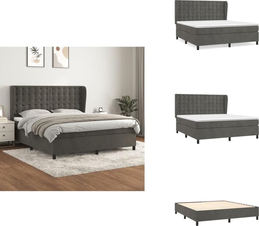 VidaXL Boxspringbed fluweel donkergrijs 203 x 163 x 118 128 cm pocketvering matras middelharde ondersteuning huidvriendelijk topmatras Bed