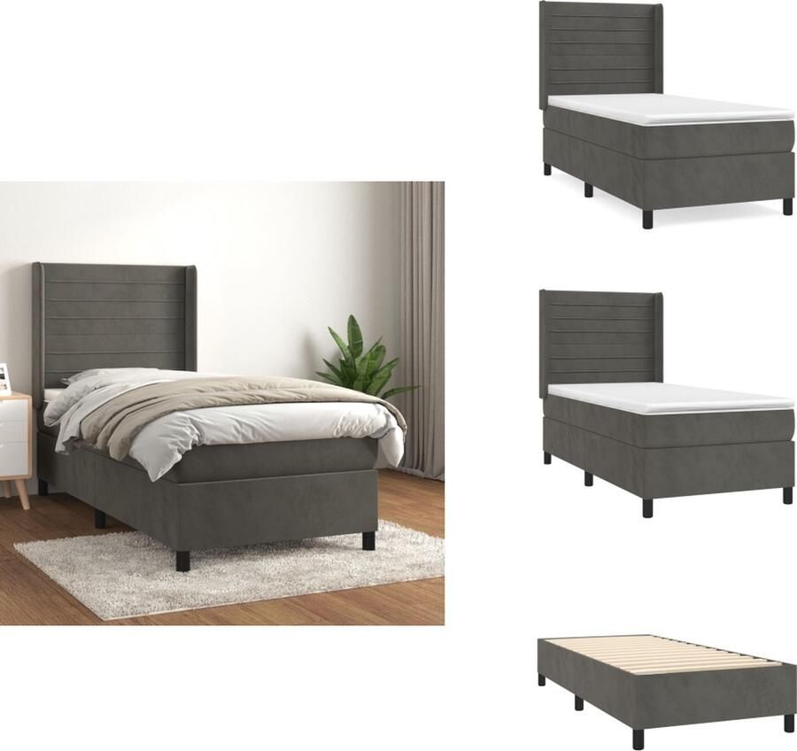 VidaXL Boxspringbed Zacht Fluweel Praktisch Hoofdbord Pocketvering Matras Middelharde Ondersteuning Huidvriendelijk Topmatras Donkergrijs 193x93x118 128cm 90x190x20cm Wit Donkergrijs 90x190x5cm Bed