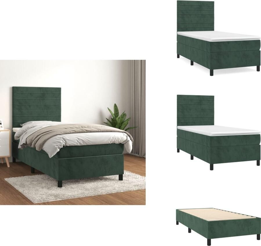 VidaXL Boxspringbed Zacht Fluweel Praktisch Hoofdbord Pocketvering Matras Middelharde Ondersteuning Huidvriendelijk Topmatras Donkergroen 203x100x118 128cm Bed