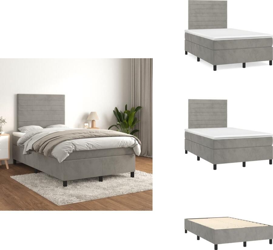 VidaXL Boxspringbed Zacht fluweel Pocketvering matras Middelharde ondersteuning Huidvriendelijk topmatras Bedframe lichtgrijs Bedmatras wit en lichtgrijs Bedtopmatras wit Afmetingen 203 x 120 x 35 cm Bed - Foto 1