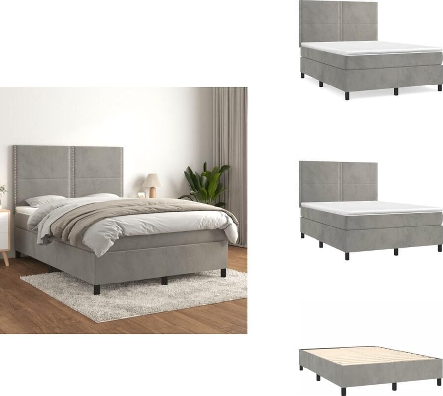 VidaXL Boxspringbed Zacht fluweel Praktisch hoofdbord Pocketvering matras Middelharde ondersteuning Huidvriendelijk topmatras Lichtgrijs 203x144x118 128 cm 140x200x20 cm bedmatras 140x200x5 cm bedtopmatras Bed