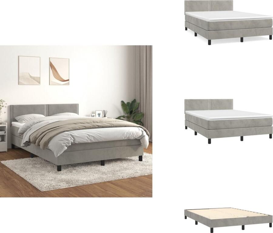 VidaXL Boxspringbed Fluwelen stof Verstelbaar hoofdbord Pocketvering matras Middelharde ondersteuning Huidvriendelijk topmatras Lichtgrijs 203x144x78 88cm 100% polyester Bed