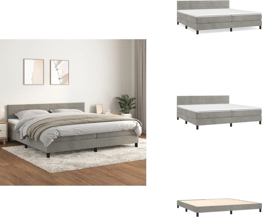 VidaXL Boxspringbed Zacht Fluweel Bed 203x200x78 88cm Pocketvering matras Middelharde ondersteuning Huidvriendelijk topmatras Kleur- Lichtgrijs Materiaal- Stof multiplex bewerkt hout Inclusief montagehandleiding Bed