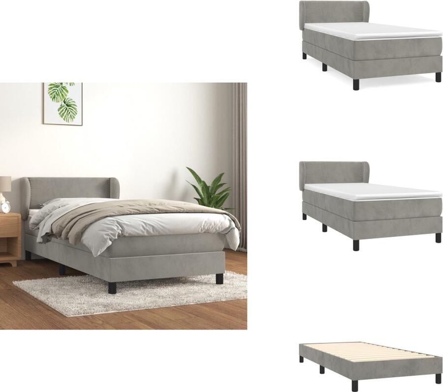 VidaXL Boxspringbed Zacht fluweel Praktisch hoofdbord Pocketvering matras Middelharde ondersteuning Huidvriendelijk topmatras Lichtgrijs 193x93x78 88cm 90x190x20cm 90x190x5cm Bed