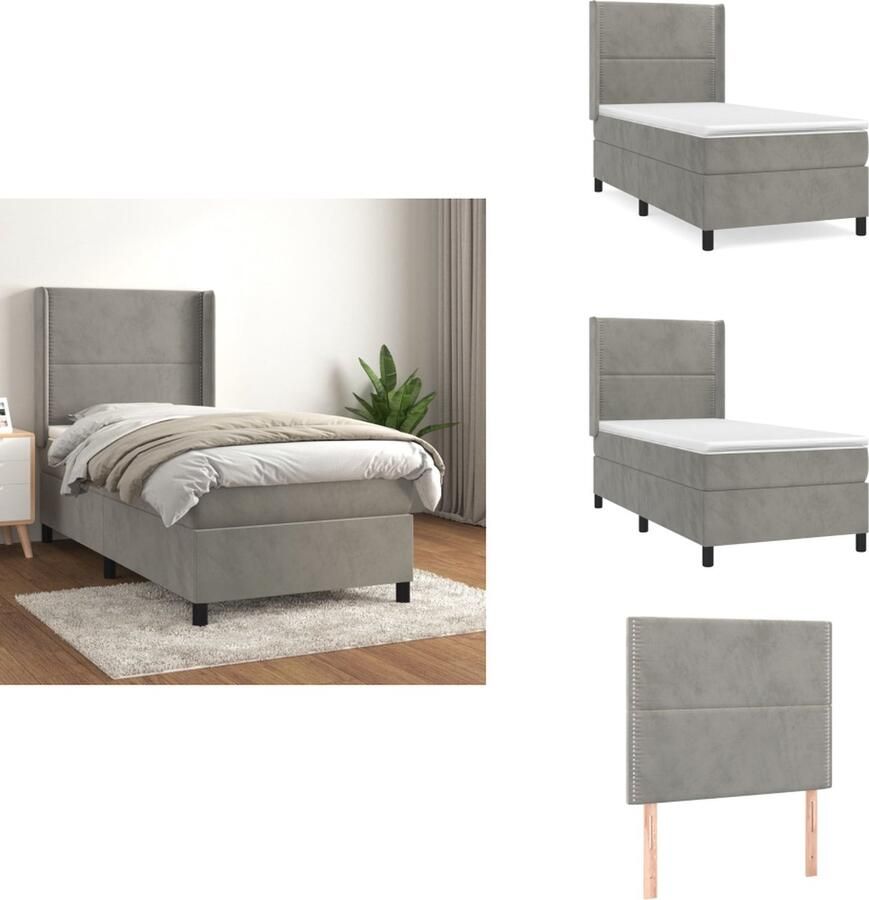 VidaXL Boxspringbed Luxe Bed 193x93x118 128 cm Lichtgrijs fluweel Pocketvering matras Middelharde ondersteuning Huidvriendelijk topmatras Inclusief montagemateriaal Bed