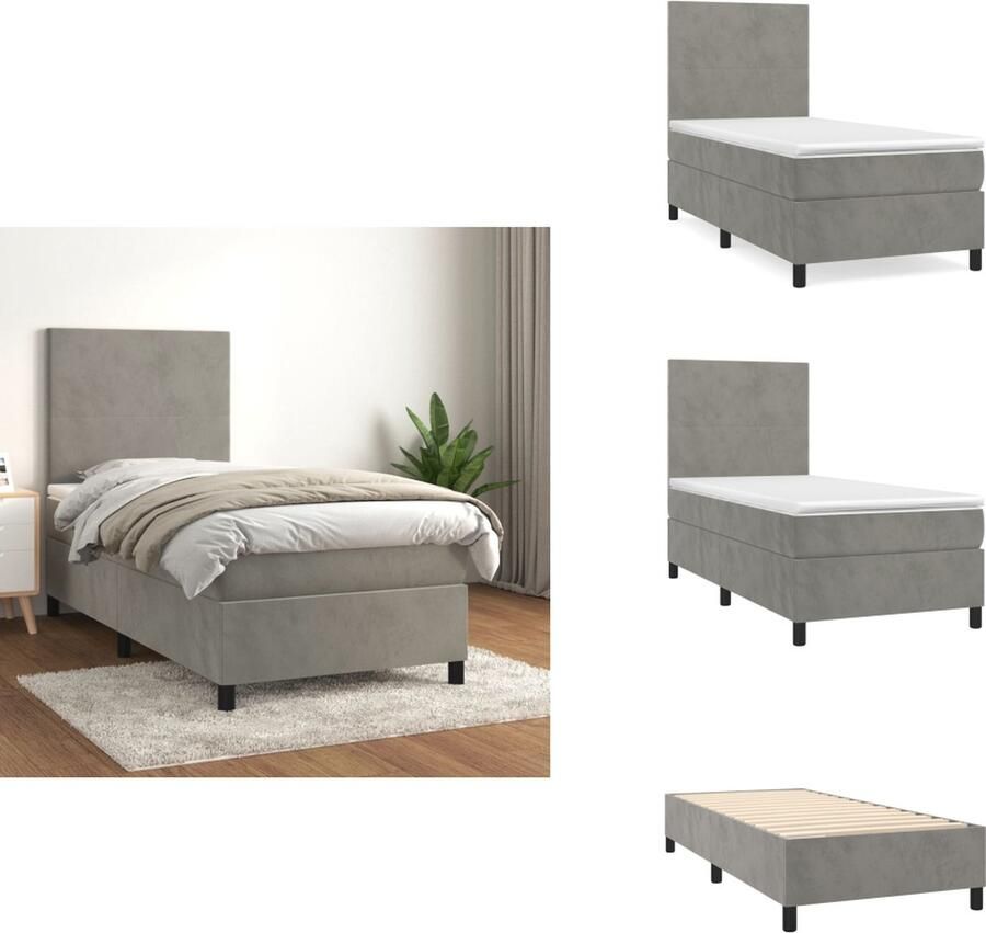 VidaXL Boxspringbed Fluwelen Stof Verstelbaar Hoofdbord Pocketvering Matras Middelharde Ondersteuning Huidvriendelijk Lichtgrijs 193x90x118 128 cm Bed