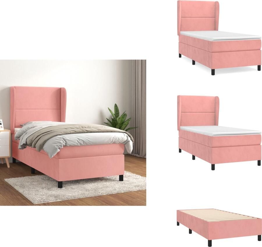 VidaXL Boxspringbed Zacht fluweel Praktisch hoofdbord Pocketvering matras Middelharde ondersteuning Huidvriendelijk topmatras Roze 203x103x118 128 cm Bed