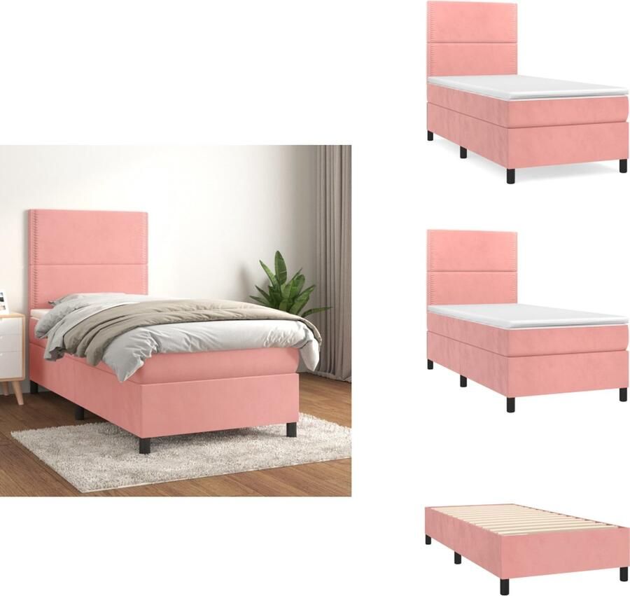 VidaXL Boxspringbed Fluweel Pocketvering Middelharde ondersteuning Huidvriendelijk Roze 203x100x118 128 cm incl bedframe hoofdeind matras en topmatras Bed