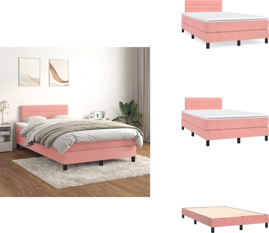 VidaXL Boxspringbed Zacht fluweel Praktisch hoofdbord Pocketvering matras Middelharde ondersteuning Huidvriendelijk topmatras Kleur- roze Afmetingen- 203 x 120 x 78 88 cm Bed
