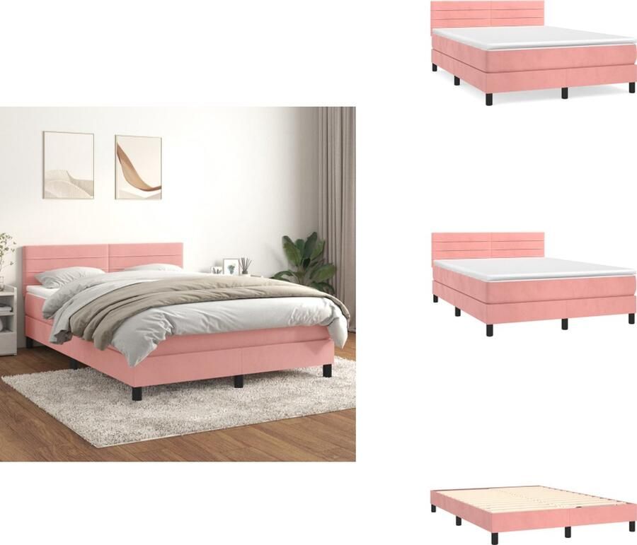 VidaXL Boxspringbed Luxe fluwelen stof Verstelbaar hoofdbord Pocketvering matras Middelharde ondersteuning Huidvriendelijk topmatras Kleur- roze Afmetingen- 203x144x78 88cm Bed