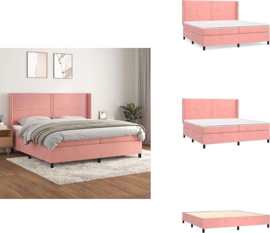 VidaXL Boxspringbed Zacht fluweel Praktisch hoofdbord Pocketvering matras Middelharde ondersteuning Huidvriendelijk topmatras Roze 203x203x118 128cm Bed - Foto 2