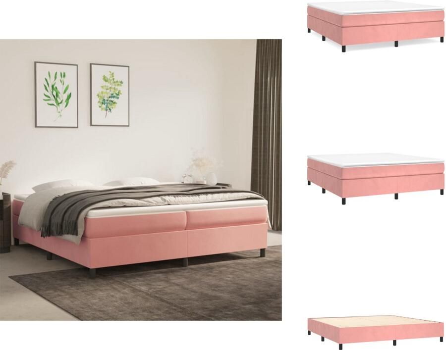 VidaXL Boxspringbed Zacht fluweel Praktisch hoofdbord Pocketvering matras Middelharde ondersteuning Huidvriendelijk topmatras Roze 203x203x118 128cm Bed - Foto 4