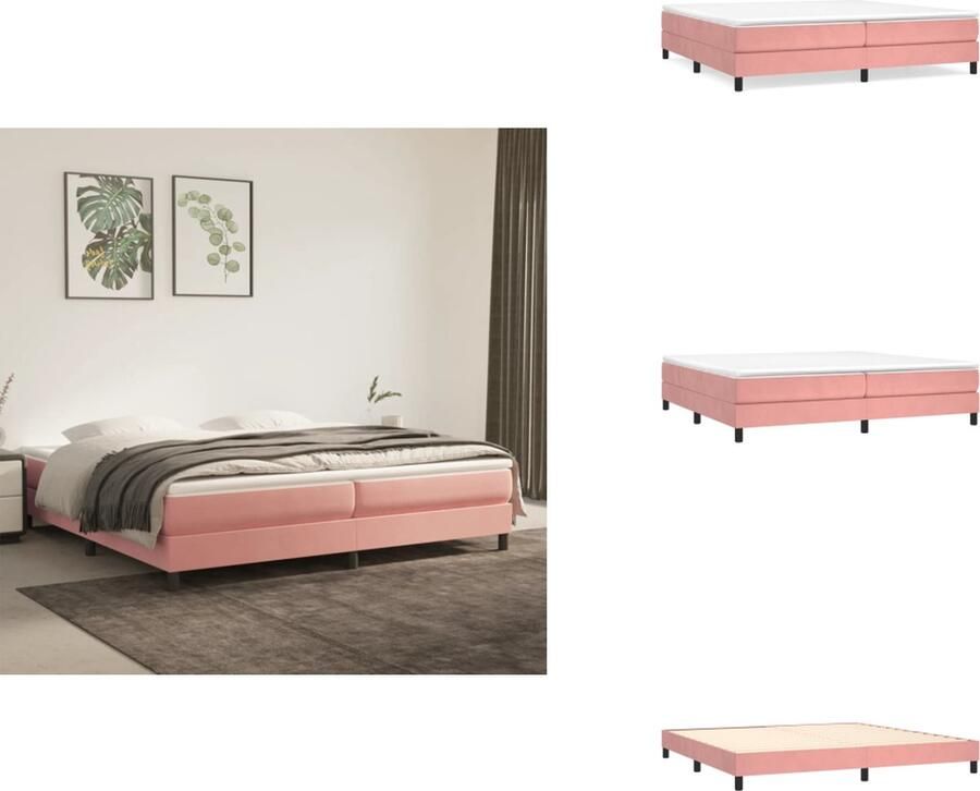 VidaXL Boxspringbed Zacht fluweel Praktisch hoofdbord Pocketvering matras Middelharde ondersteuning Huidvriendelijk topmatras Roze 203x203x118 128cm Bed - Foto 3