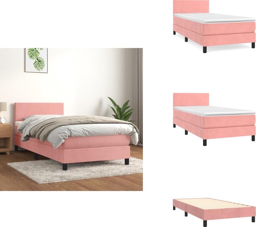 VidaXL Boxspringbed Fluwelen stof Verstelbaar hoofdbord Pocketvering matras Middelharde ondersteuning Huidvriendelijk topmatras Kleur- roze Afmetingen- 203 x 80 x 78 88 cm Bed - Foto 1