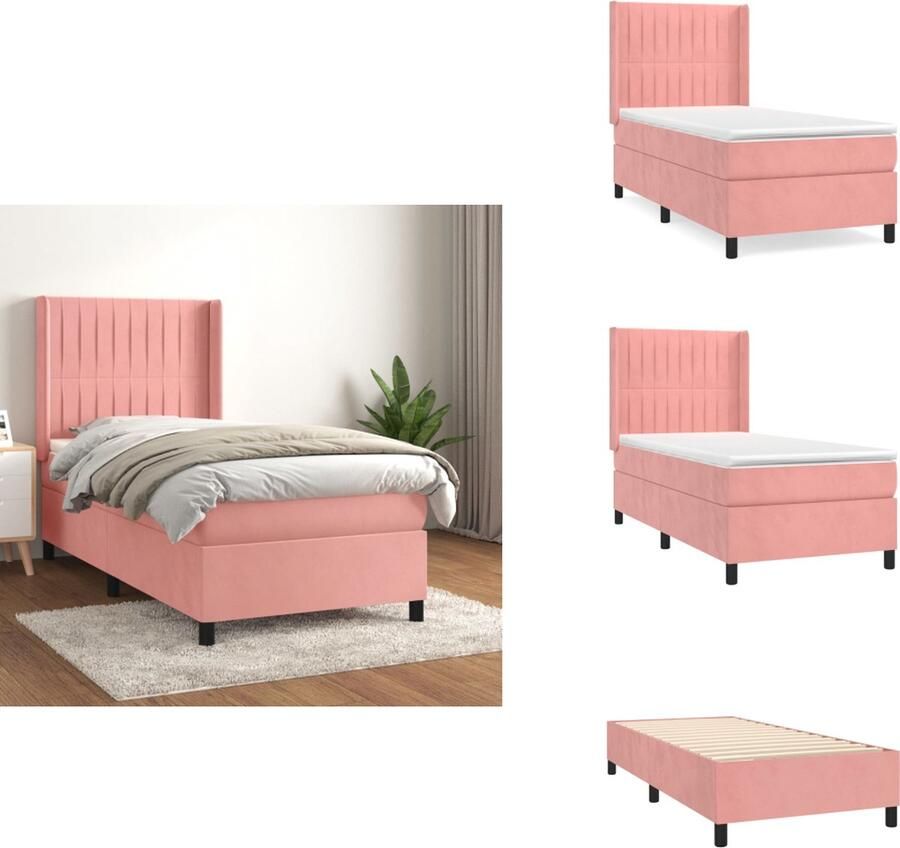 VidaXL Boxspringbed fluweel roze 203x93x118 128cm pocketvering matras middelharde ondersteuning huidvriendelijk topmatras Bed