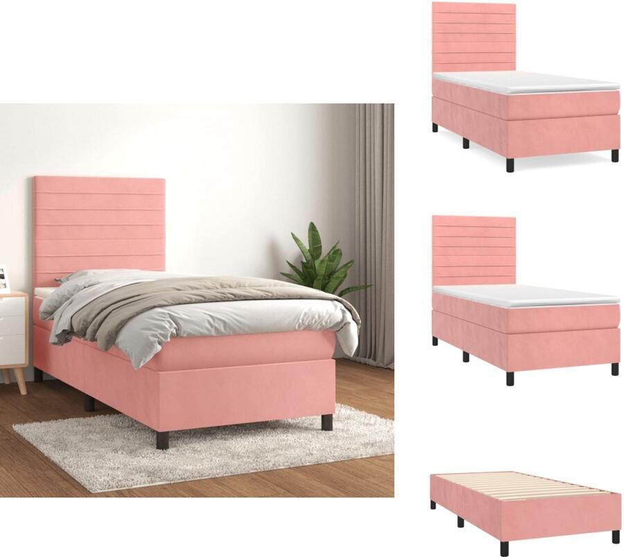 VidaXL Boxspringbed Roze 203 x 90 x 78 88 cm Fluwelen stof Verstelbaar hoofdbord Pocketvering matras Middelharde ondersteuning Huidvriendelijk topmatras Bed
