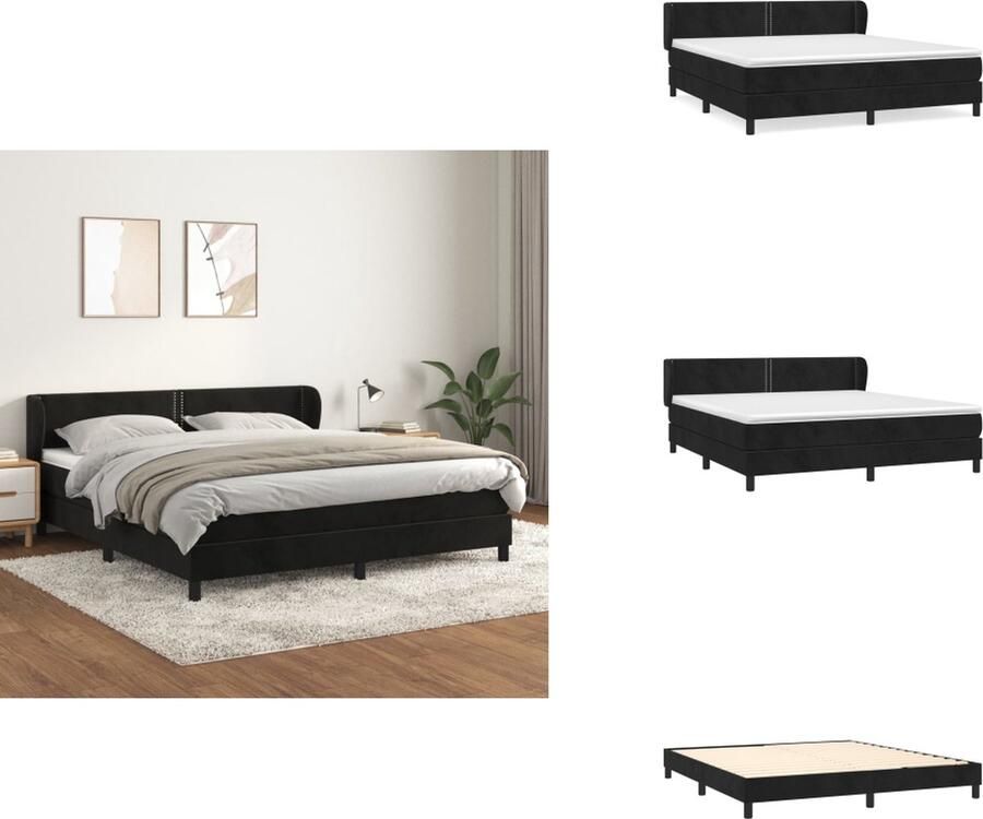 VidaXL Boxspringbed Zacht fluwelen bedframe Pocketvering matras Huidvriendelijke topmatras Middelharde ondersteuning Zwart 203x183x78 88cm Bed
