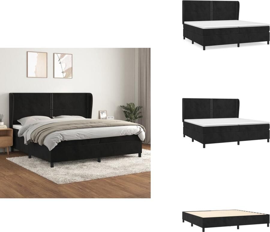 VidaXL Boxspringbed Zacht fluweel Praktisch hoofdbord Pocketvering matras Middelharde ondersteuning Huidvriendelijk topmatras Kleur- Zwart Afmetingen- 203 x 203 x 118 128 cm Bed