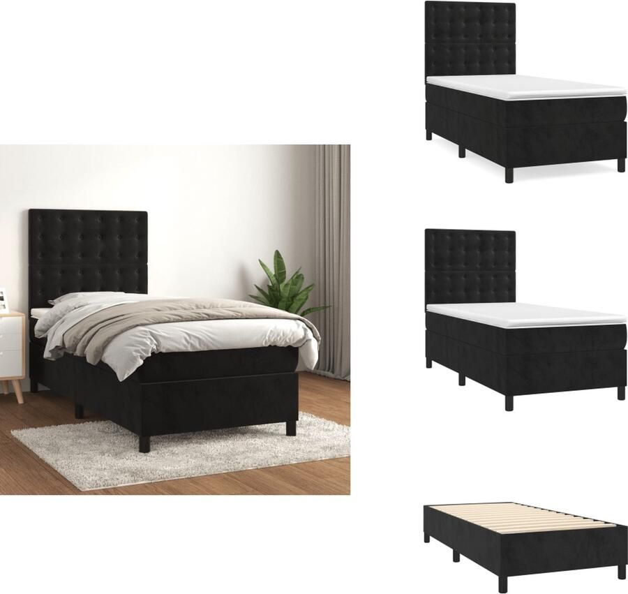 VidaXL Boxspringbed Zwart fluwelen bedframe 203x83x118 128cm Pocketvering matras 80x200x20cm Schuim topmatras 80x200x5cm Verstelbaar hoofdbord Middelharde ondersteuning Huidvriendelijk topmatras Montagehandleiding meegeleverd Bed - Foto 2