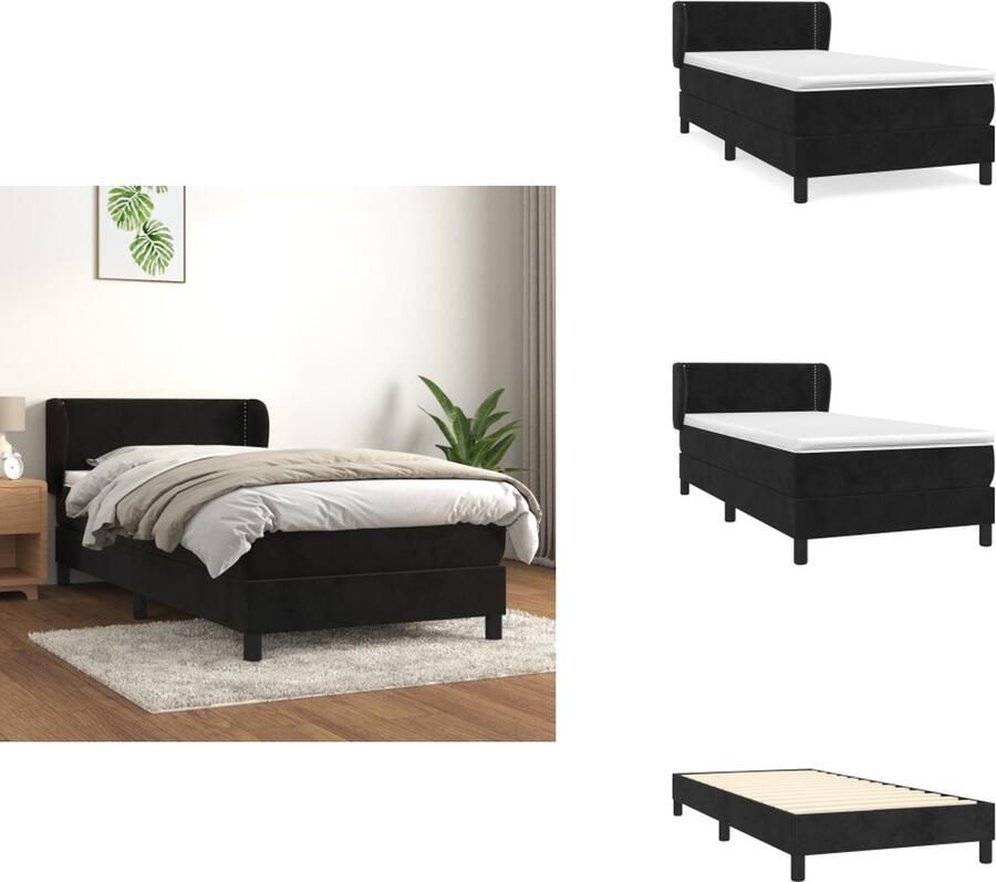 VidaXL Boxspring Bed Zacht Fluweel Verstelbaar Hoofdbord Pocketvering Matras Middelharde Ondersteuning Huidvriendelijk Topmatras Zwart 193 x 93 x 78 88 cm Bed