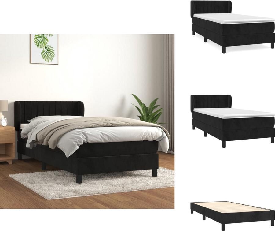 VidaXL Boxspringbed Zwart fluwelen stof Verstelbaar hoofdbord Pocketvering matras Middelharde ondersteuning Huidvriendelijk topmatras Afmetingen- 203 x 90 x 118 128 cm Bed - Foto 3