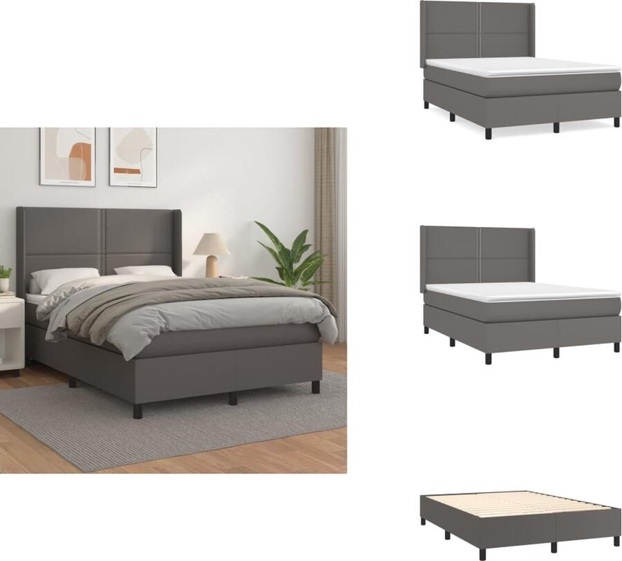 VidaXL Boxspringbed Kunstleer Bedframe met verstelbaar hoofdbord Pocketvering matras Middelharde ondersteuning Huidvriendelijk topmatras Grijs 193 x 147 x 118 128 cm Bed - Foto 2