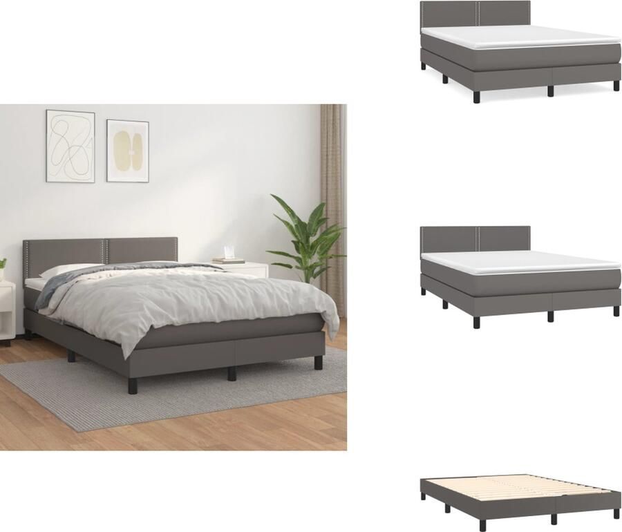 VidaXL Boxspringbed Grijs Kunstleren Bedframe 203x144x78 88cm Pocketvering Matras 140x200x20cm Comfortabele Topmatras 140x200x5cm Huidvriendelijk Montagehandleiding Bed