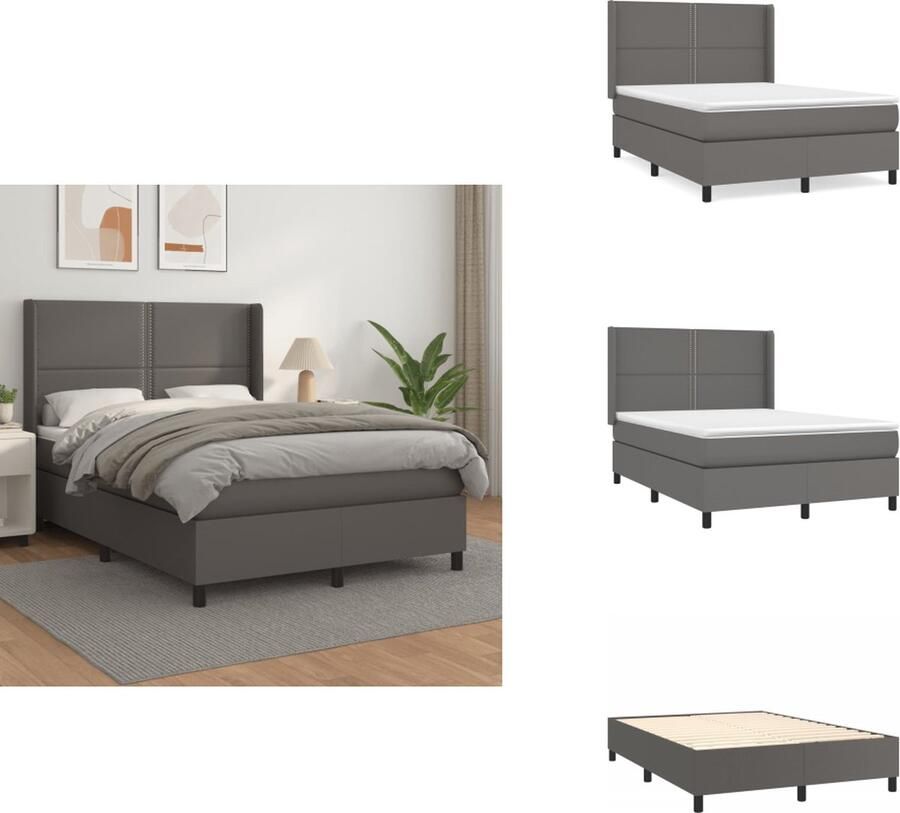 VidaXL Boxspringbed Grijs kunstleren bed met verstelbaar hoofdbord pocketvering matras en huidvriendelijk topmatras 203 x 147 x 118 128 cm Bed