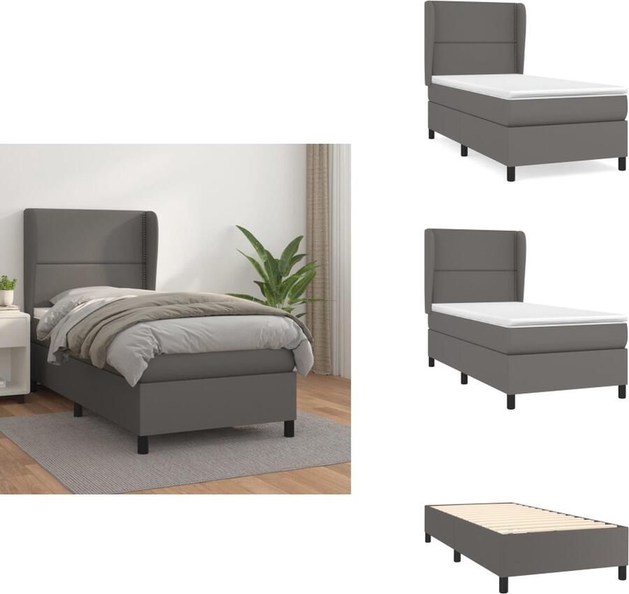VidaXL Boxspringbed Kunstleren bed met verstelbaar hoofdbord Pocketvering matras Middelharde ondersteuning Huidvriendelijk topmatras Grijs 193x93x118 128 cm Bed