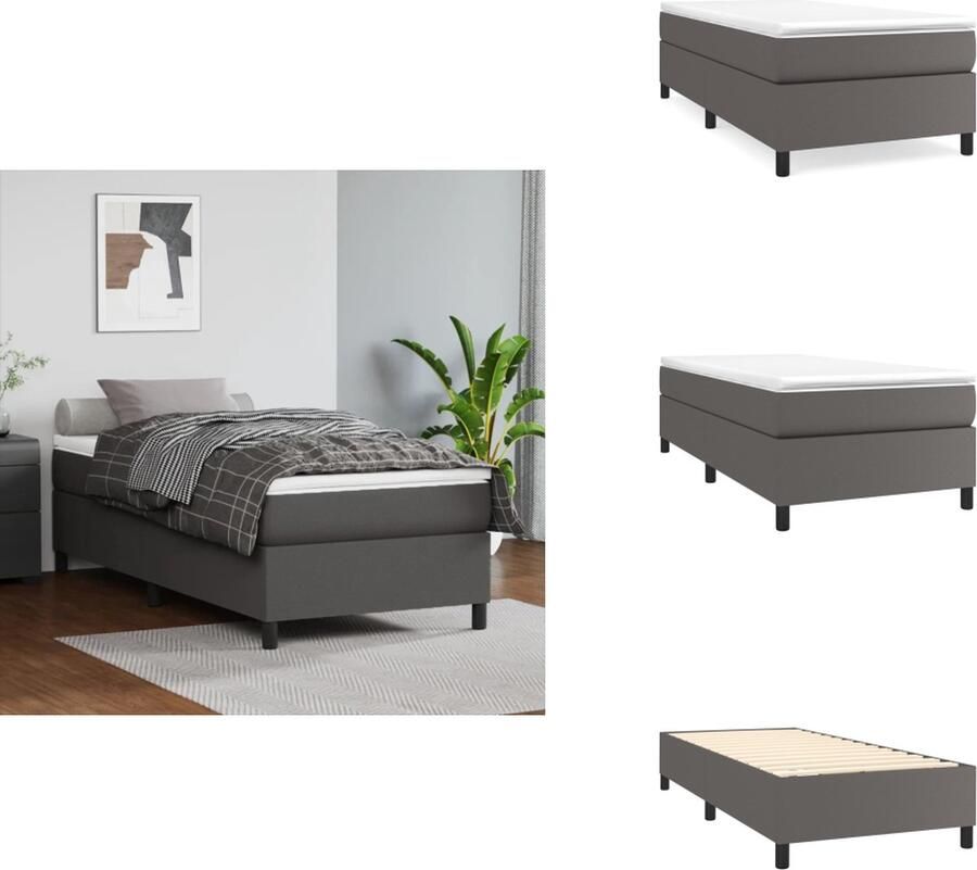 VidaXL Boxspringbed Kunstleren bedframe Pocketvering matras Middelharde ondersteuning Huidvriendelijk topmatras Grijs 203 x 90 x 35 cm Wit en grijs 90 x 200 x 20 cm Inclusief montagehandleiding Bed