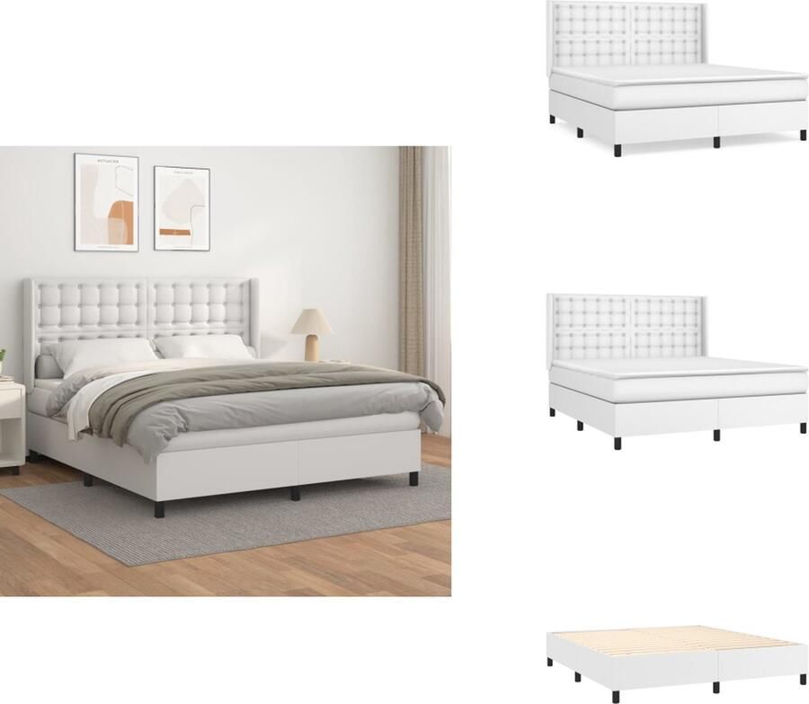 VidaXL Boxspringbed Kunstleren bedframe Pocketvering matras Middelharde ondersteuning Huidvriendelijk topmatras Kleur- wit Afmetingen- 203 x 160 x 25 cm Bed