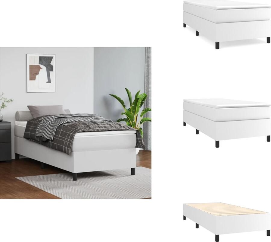 VidaXL Boxspringbed Kunstleer Eenpersoons 193 x 90 x 78 88 cm Verstelbaar hoofdbord Pocketvering matras Middelharde ondersteuning Huidvriendelijk topmatras Wit Bed