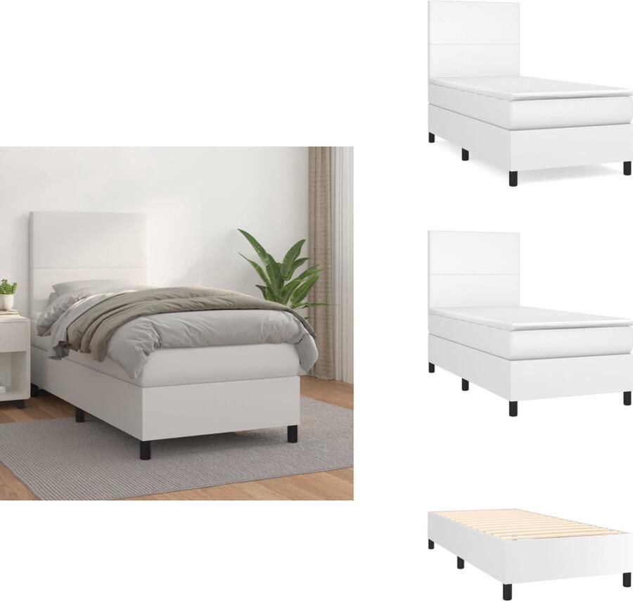 VidaXL Boxspringbed Kunstleren bedframe 203x90x118 128 cm Pocketvering matras 90x200x20 cm Comfortabele topmatras Wit Bed