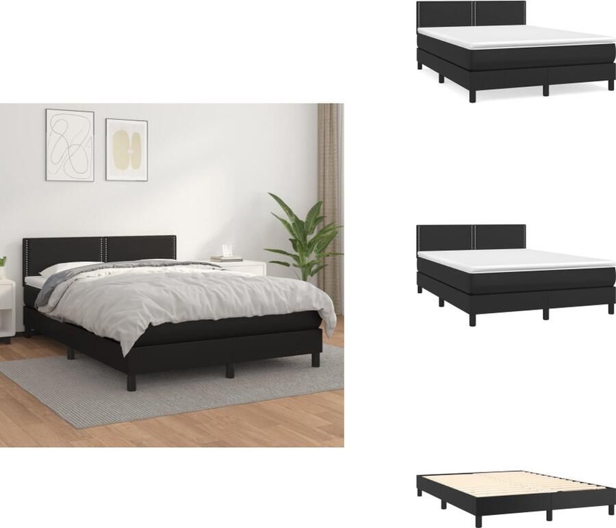 VidaXL Boxspring Bed Zwart Kunstleer 193x144x78 88 cm Hoofdbord Verstelbaar Pocketvering Matras Middelharde Ondersteuning Huidvriendelijk Topmatras Bed
