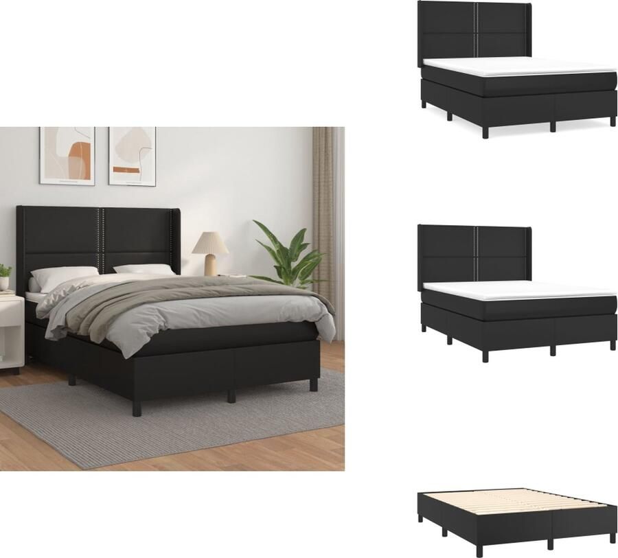 VidaXL Boxspringbed Dream Zwart Kunstleren Bedframe 193x147x118 128 cm Pocketvering matras 140x190x20 cm Huidvriendelijk topmatras 140x190x5 cm Bed