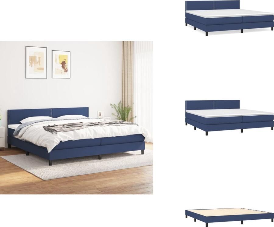 VidaXL Boxspringbed Comfort Bed 203 x 200 x 78 88 cm Blauw stof Multiplex Pocketvering matras 100 x 200 x 20 cm Wit Blauw stof Topmatras 200 x 200 x 5 cm Wit stof 1 x bedframe 1 x hoofdeind 2 x matras 1 x topmatras Bed