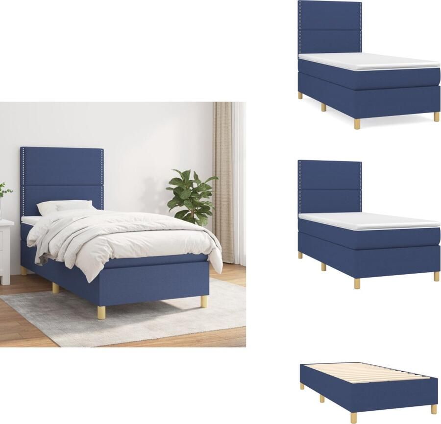 VidaXL Boxspringbed Comfort Bed 203 x 83 x 118 128 cm Blauw Stof Pocketvering matras 80 x 200 x 20 cm Wit en blauw Schuim Topmatras 80 x 200 x 5 cm Wit Levering bevat- bedframe hoofdeind matras topmatras Bed