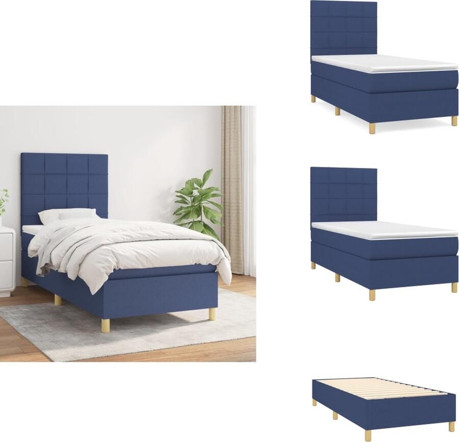 VidaXL Boxspringbed Pocketvering matras Middelharde ondersteuning Huidvriendelijk topmatras Blauw Materiaal- stof (100% polyester) multiplex en bewerkt hout Afmetingen- 193 x 90 x 118 128 cm (L x B x H) Bed