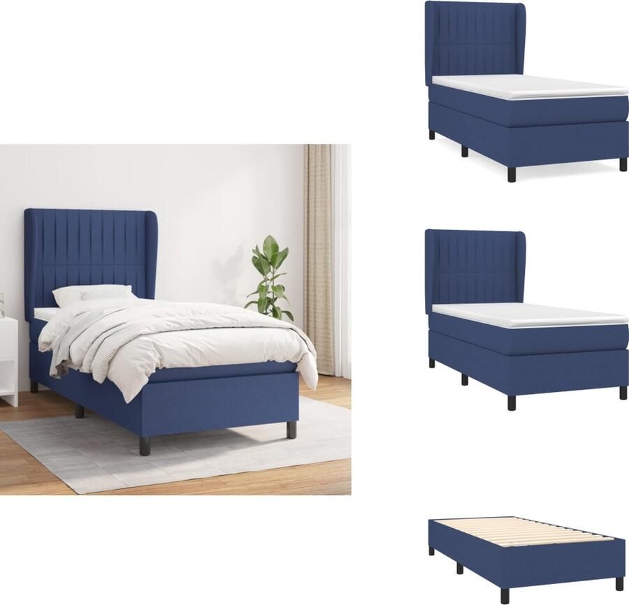 VidaXL Boxspringbed Comfort Sleep Bed 203 x 93 x 118 128 cm Blauw Pocketvering matras Middelharde ondersteuning Huidvriendelijk topmatras Bed