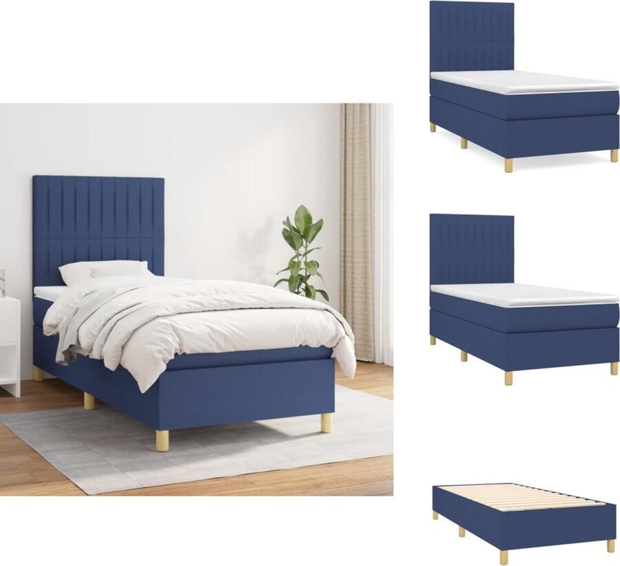 VidaXL Boxspringbed Blauw 193 x 90 x 78 88 cm Duurzaam Verstelbaar hoofdbord Pocketvering matras Middelharde ondersteuning Huidvriendelijk topmatras 1x bedframe 1x hoofdeind 1x matras 1x topmatras Bed