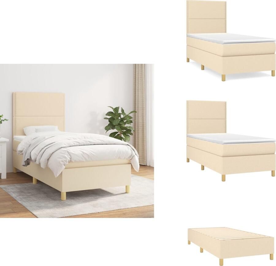VidaXL Boxspringbed Crème 203 x 100 x 118 128 cm Duurzaam materiaal verstelbaar hoofdbord pocketveringmatras middelharde ondersteuning huidvriendelijk topmatras Inclusief montagehandleiding Bed