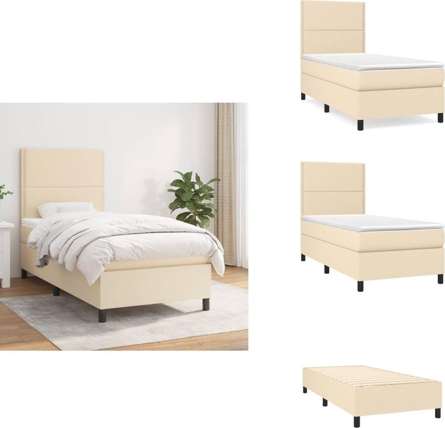 VidaXL Boxspringbed Comfort Bed 193 x 90 x 118 128 cm Crème Pocketvering matras Middelhard Huidvriendelijk topmatras Inclusief montagehandleiding Bed - Foto 1