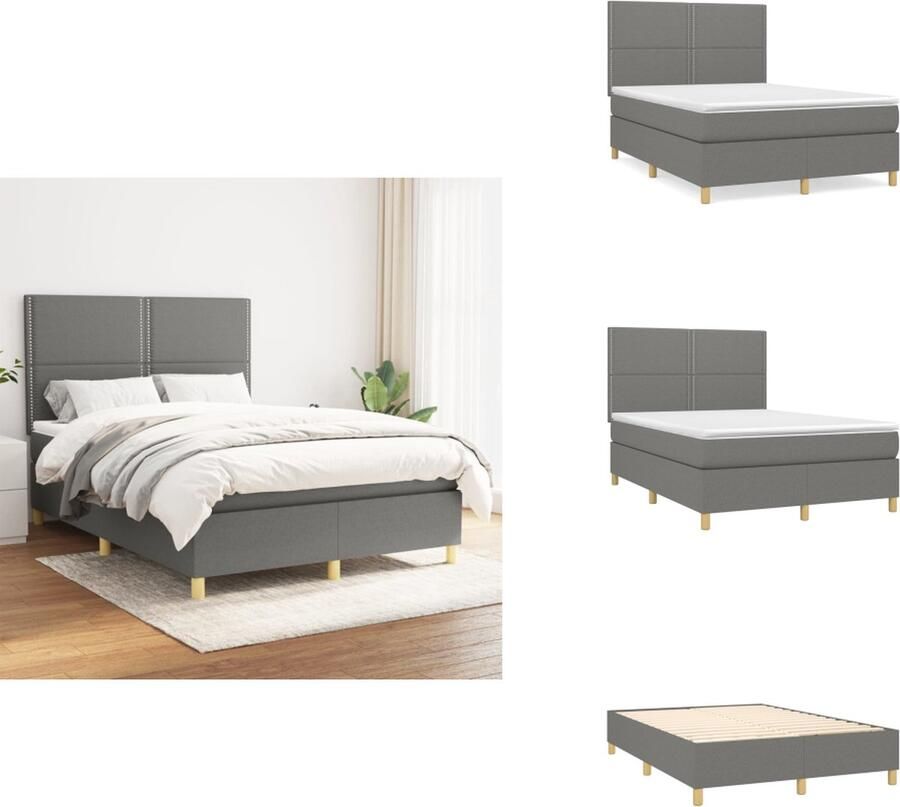 VidaXL Boxspringbed Donkergrijs 140 x 190 cm Duurzaam stof Verstelbaar hoofdbord Pocketvering matras Middelharde ondersteuning Huidvriendelijk topmatras Inclusief montagehandleiding Bed