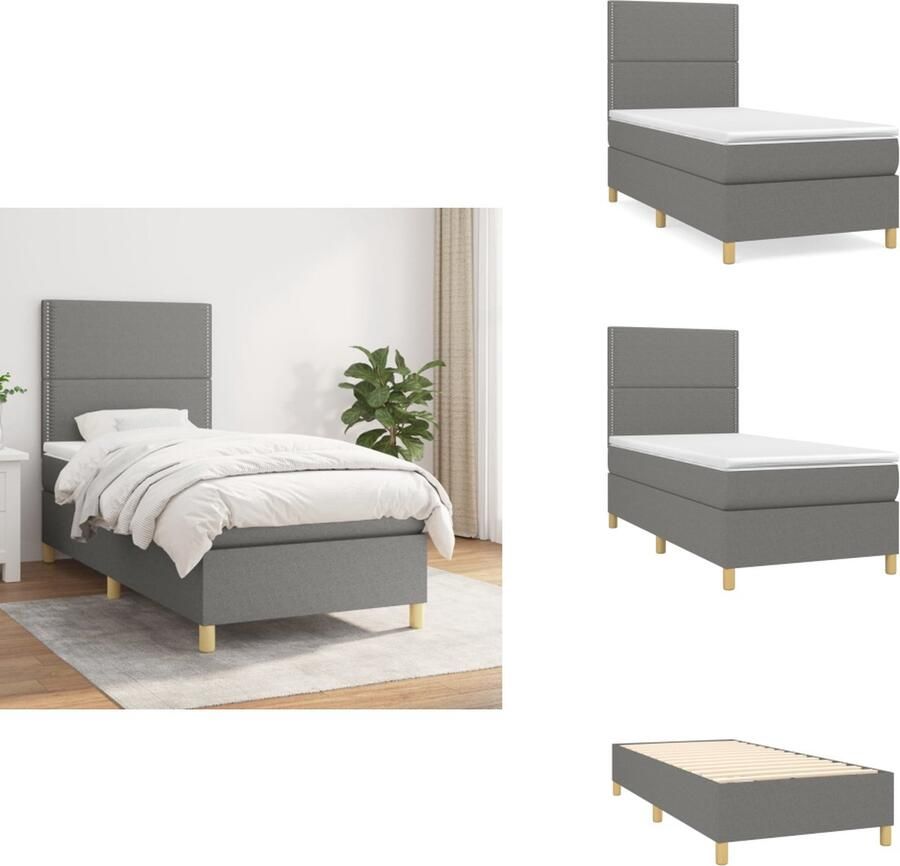 VidaXL Boxspringbed Bedframe 203 x 90 x 118 128 cm Donkergrijs Pocketvering Matras 90 x 200 x 20 cm Wit en Donkergrijs Schuimtopper 90 x 200 x 5 cm Wit Levering inclusief montagehandleiding Bed