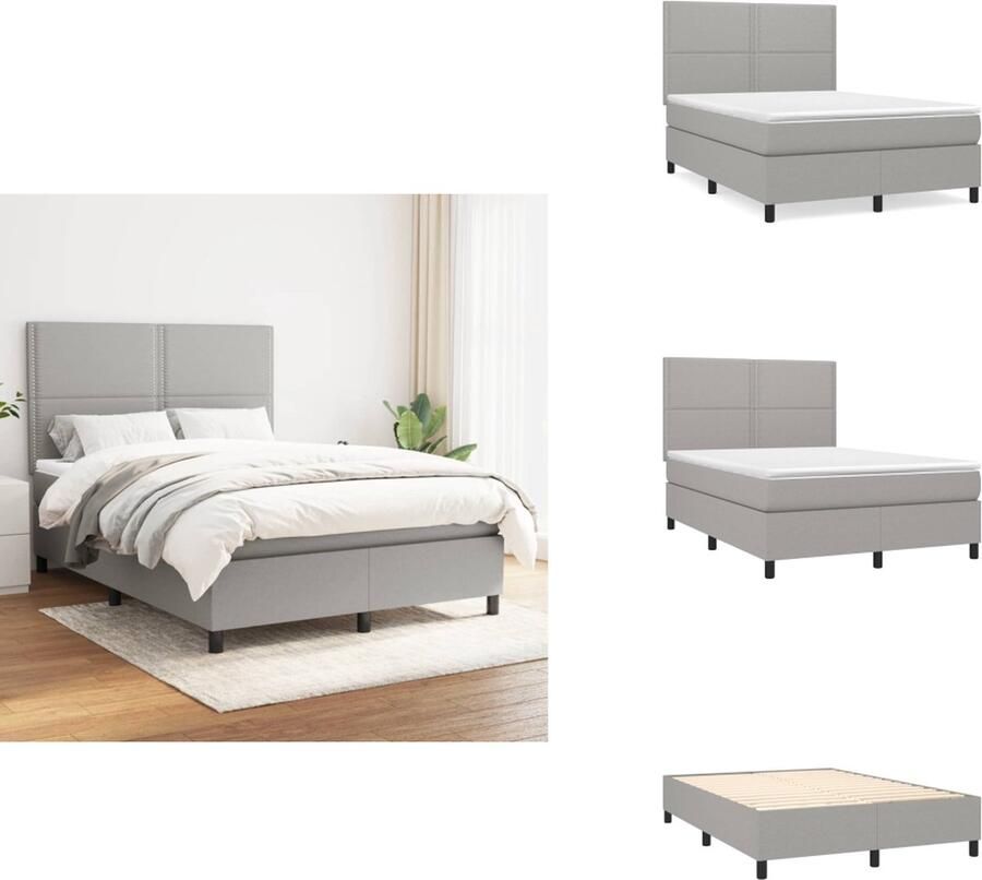 VidaXL Boxspringbed comfortabele ondersteuning Bed- lichtgrijs Afmetingen- 193 x 144 x 118 128 cm Bedmatras- wit en lichtgrijs Afmetingen- 140 x 190 x 20 cm Bedtopmatras- wit Afmetingen- 140 x 190 x 5 cm Bed
