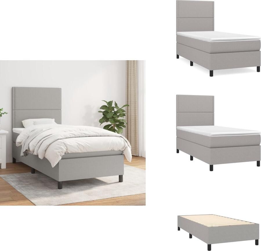 VidaXL Boxspringbed Comfort Eenpersoons 203 x 90 x 118 128 cm Pocketvering matras Middelharde ondersteuning Huidvriendelijk topmatras Lichtgrijs Bed