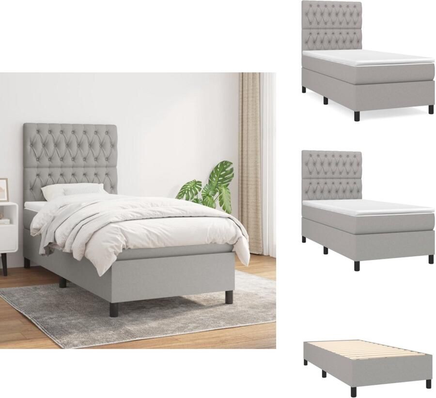 VidaXL Bed lichtgrijs Boxspringbed 203x90x78 88cm Pocketvering matras 90x200x20cm Middelharde ondersteuning Bedtopmatras 90x200x5cm Huidvriendelijk topmatras Inclusief 1x bedframe 1x hoofdeind 1x matras 1x topmatras Bed - Foto 2