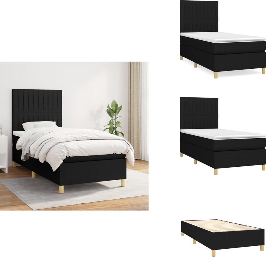 VidaXL Boxspring Bed Zwarte stoffen bekleding 203 x 100 x 118 128 cm Verstelbaar hoofdbord Pocketvering matras Middelharde ondersteuning Huidvriendelijk topmatras Inclusief montagehandleiding Bed
